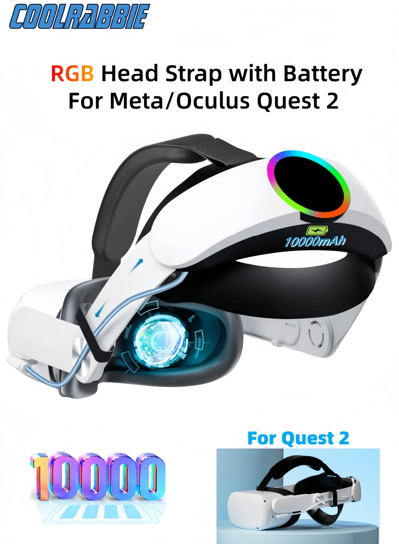CoolRabbie RGB Adjustable VR Head Strap with 10000mAh Battery Pack for Enhanced Support and Balance (10000mAh) obuqr