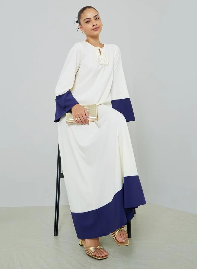 Amirah Cream Tie-Up Neck Jalabiya with Contrast Trim Elegant Traditional Kaftan for Women (One Size) m5os9