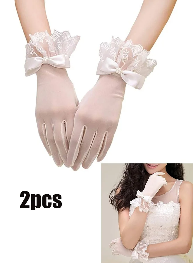 YJ Elegant Short White Lace Gloves with Pearl Bow Detail Sheer Ruffled Bridal Accessories for Women 0u4sy
