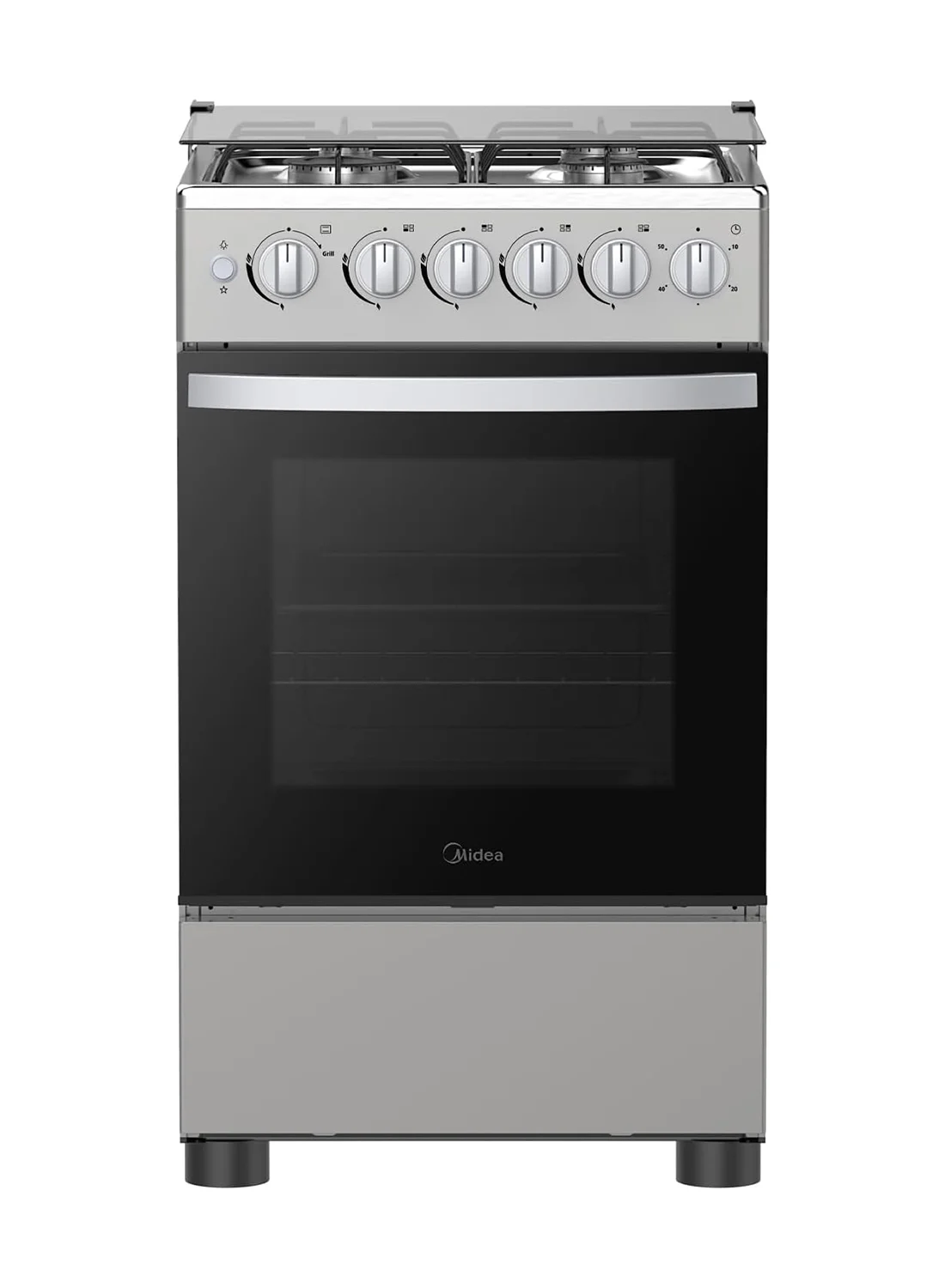 Midea Freestanding Gas Cooker with 4 Burners and Cast Iron Pan Support (Stainless Steel, 50x55cm, Silver) ytyai