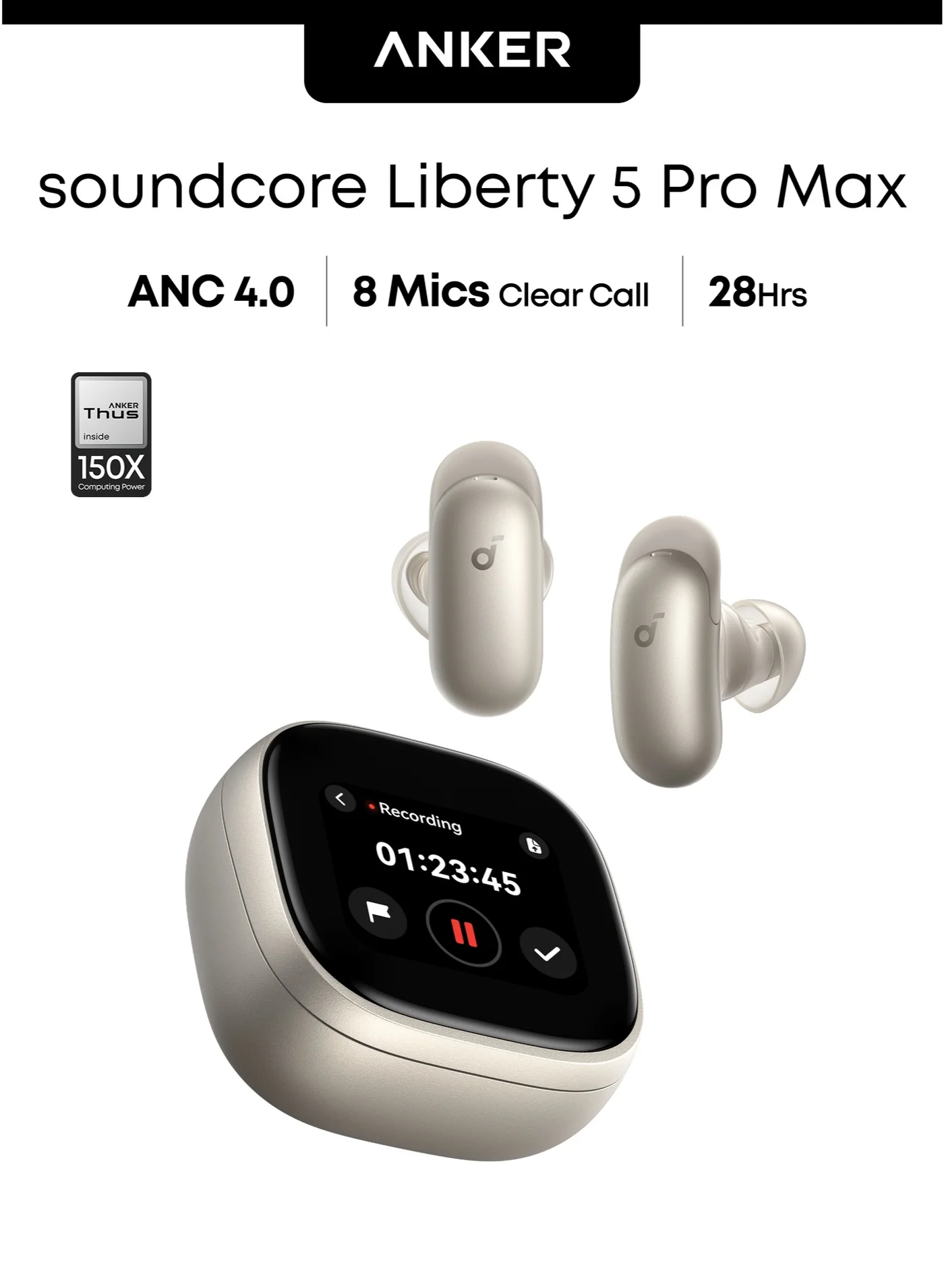 Premium Wireless Noise Cancelling Earbuds with AI Transcription and AMOLED Display (Titanium Gold) 6odwv