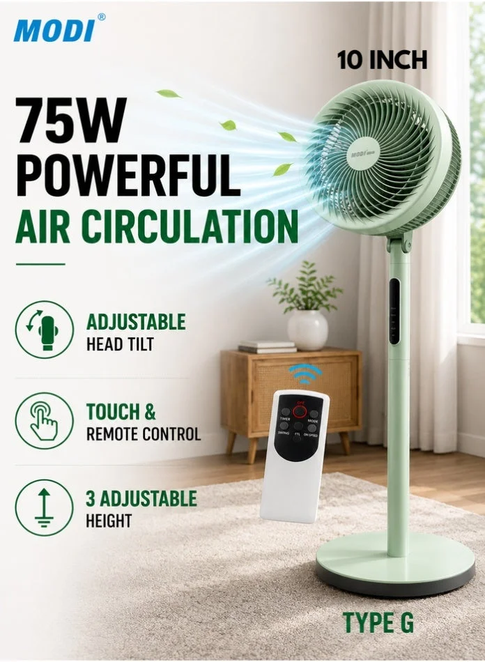 MODI Air Circulation Standing Fan 75W Powerful Cooling with Remote & Touch Control (25 cm, Adjustable Height) 0svdd