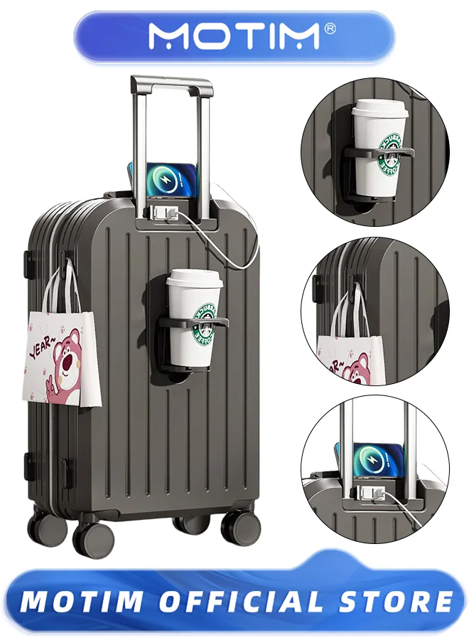 Motim Aluminum Frame Carry On Luggage with Spinner Wheels USB Port Cup Holder and Phone Holder (20 Inch) 4byw4