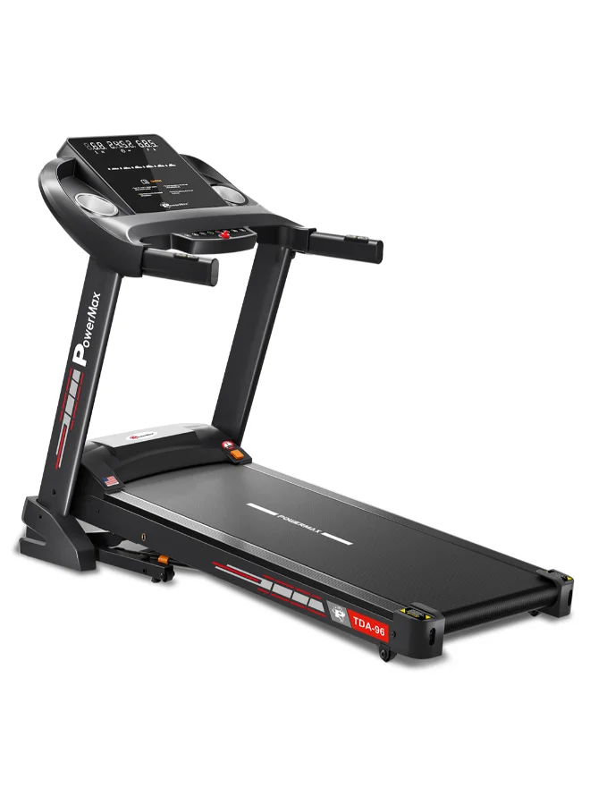 PowerMax Fitness TDA-96 Motorized Treadmill with Auto Incline and Bluetooth Connectivity (4HP Peak, 110kg Capacity) co58g