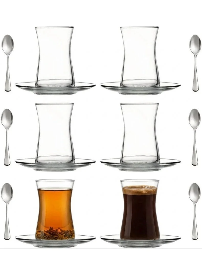 DubaiCrystal Turkish Tea Set Premium Glass Cups with Saucers and Stainless Steel Spoons (18 Pieces, Clear) 2ojhu