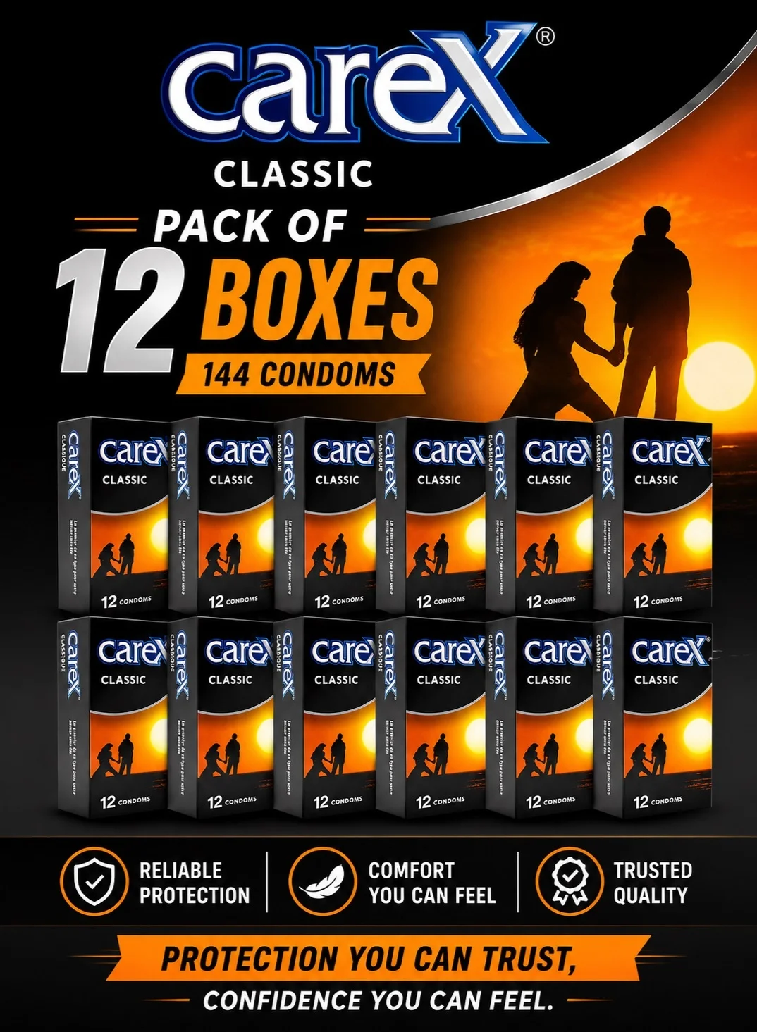 CareX Classic Condoms Premium Latex Protection (12 Boxes, 144 Pieces) e280t