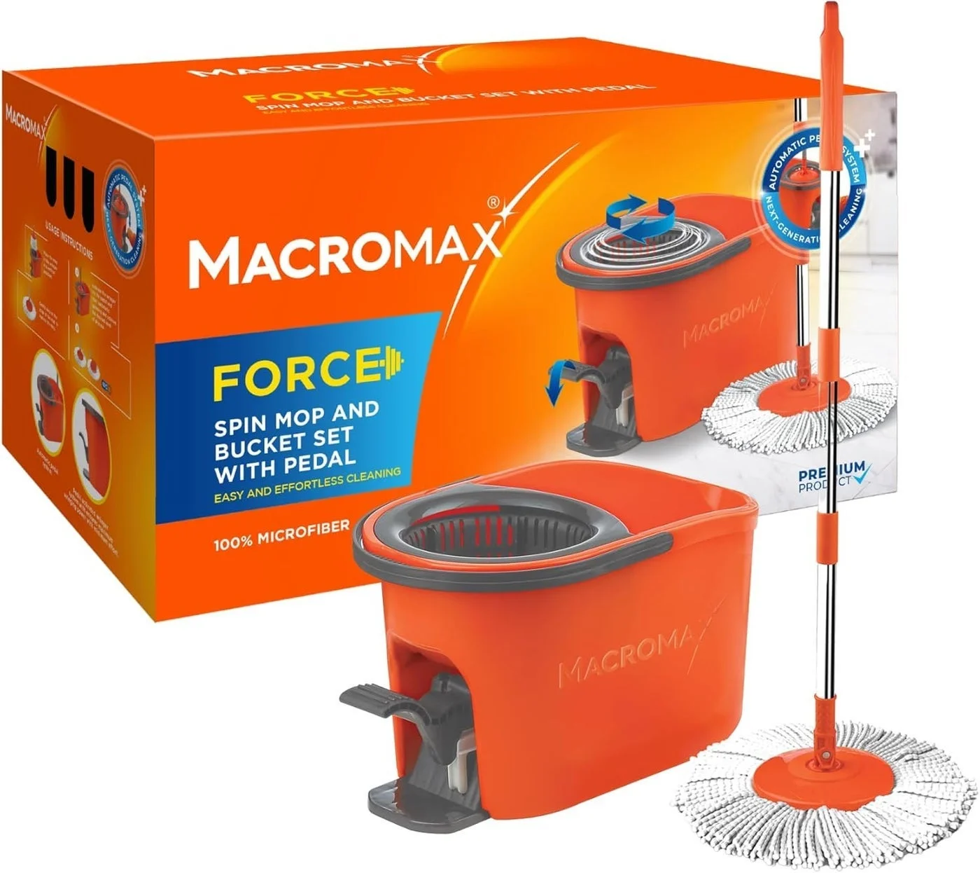 Macromax Force Spin Mop and Bucket Set with Pedal Wring System (360 Degree Rotating Microfiber Mop, 1 Set) jz91i