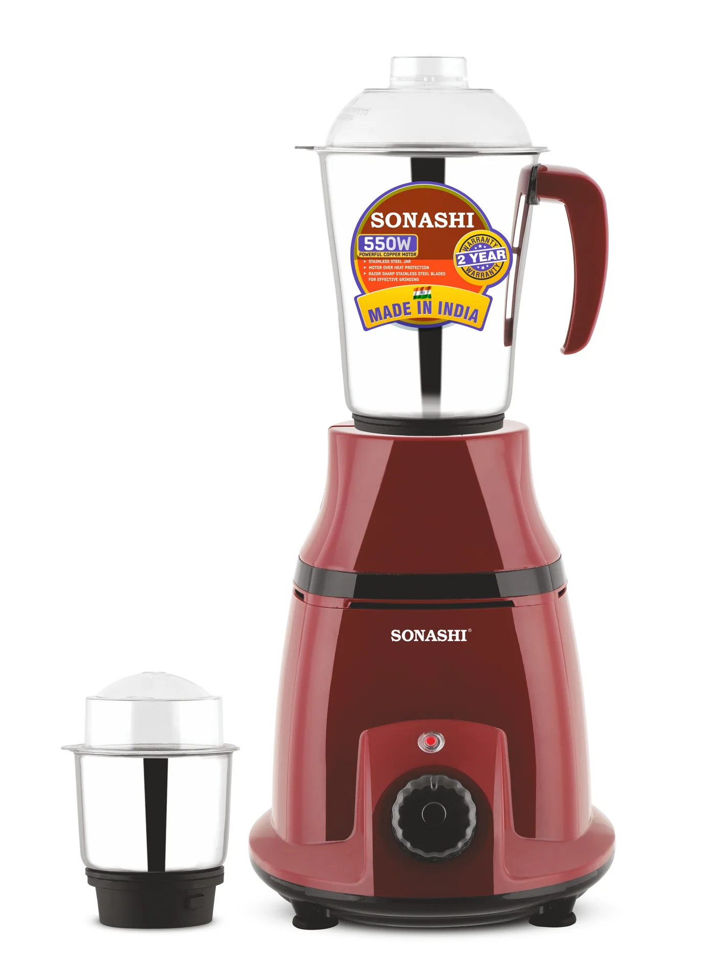Premium 2-in-1 Mixer Grinder with Copper Motor and 2 Stainless Steel Jars (Maroon, 1.75 L, 550 W) nuujp