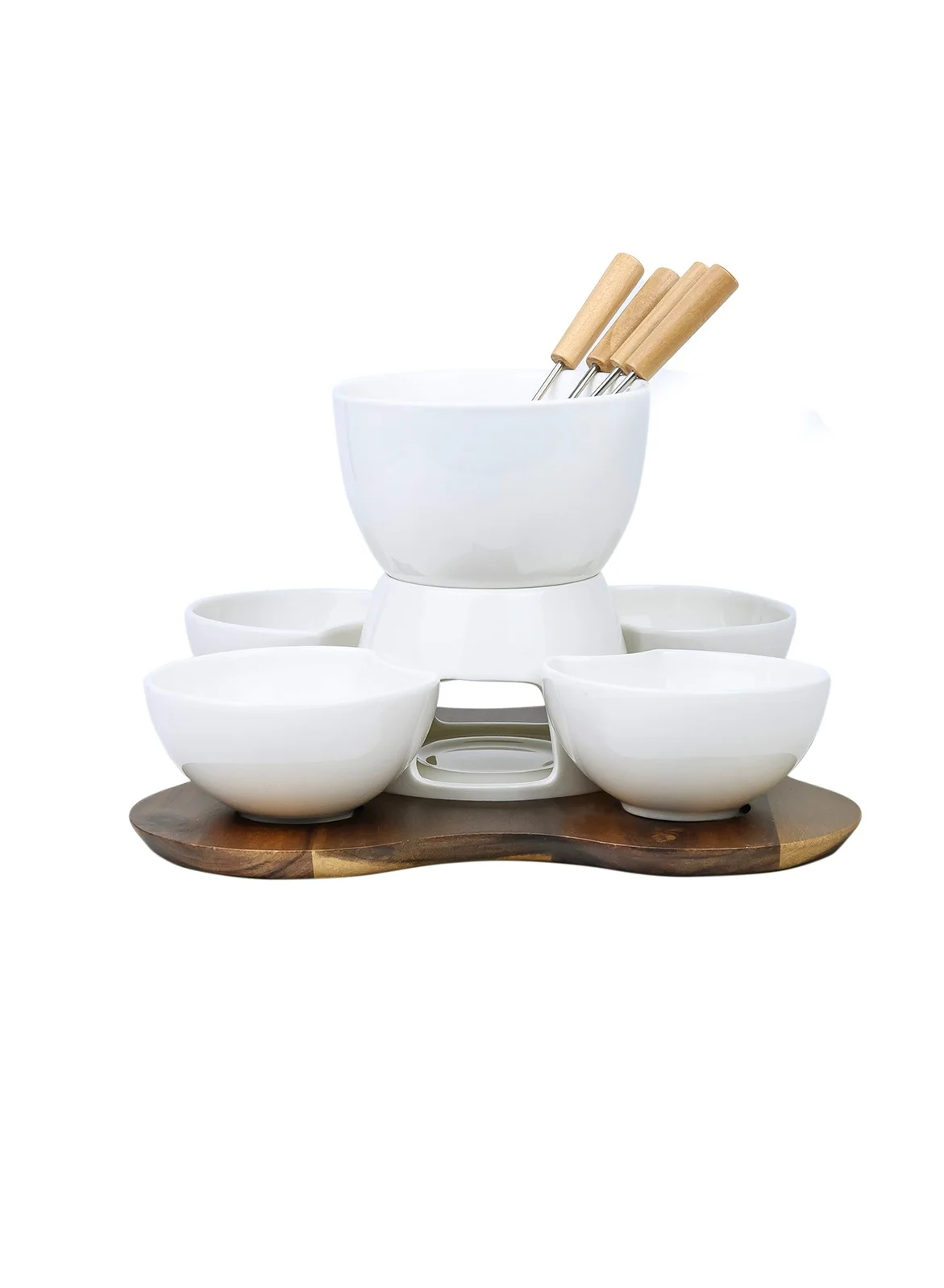 Premium Acacia Wood and Porcelain Fondue Set with Stainless Steel Forks (White and Brown, 27cm, 10-Piece Set) lvk1z