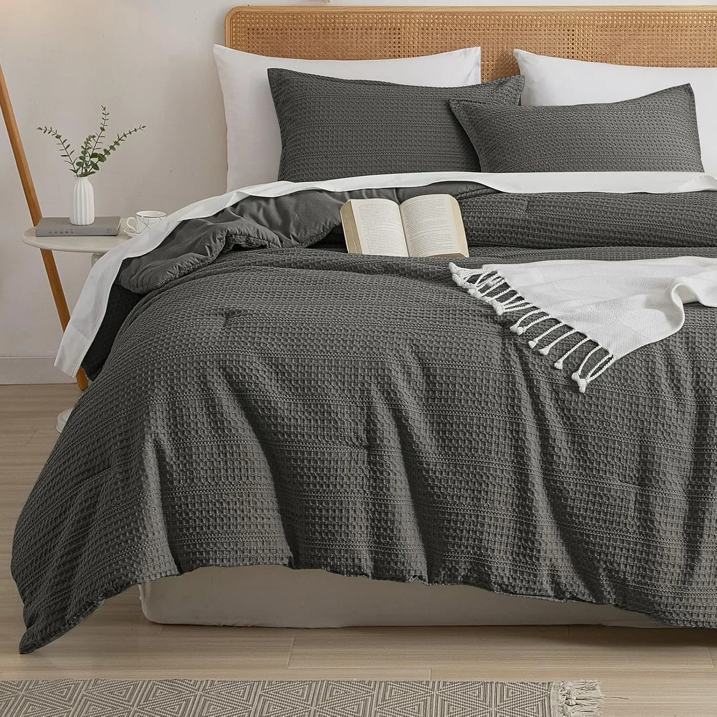 PHF Waffle Weave Comforter Set, Soft Breathable Textured Bedding for Twin Bed, Premium Polyester (Grey, 173 cm x 229 cm) 22py7