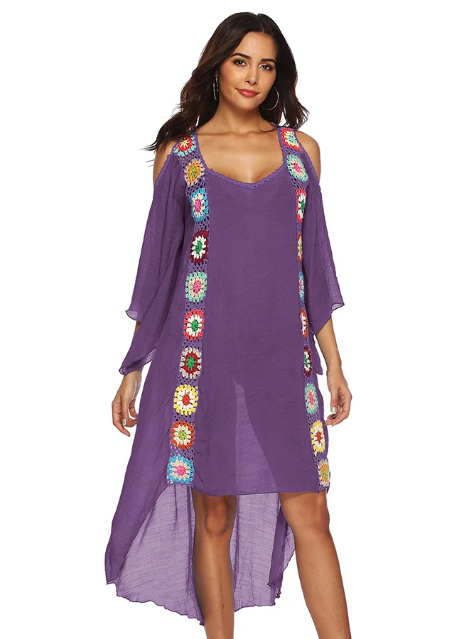 Joychic Embroidered Cold Shoulder Beach Cover Up (Purple, One Size) i31jx