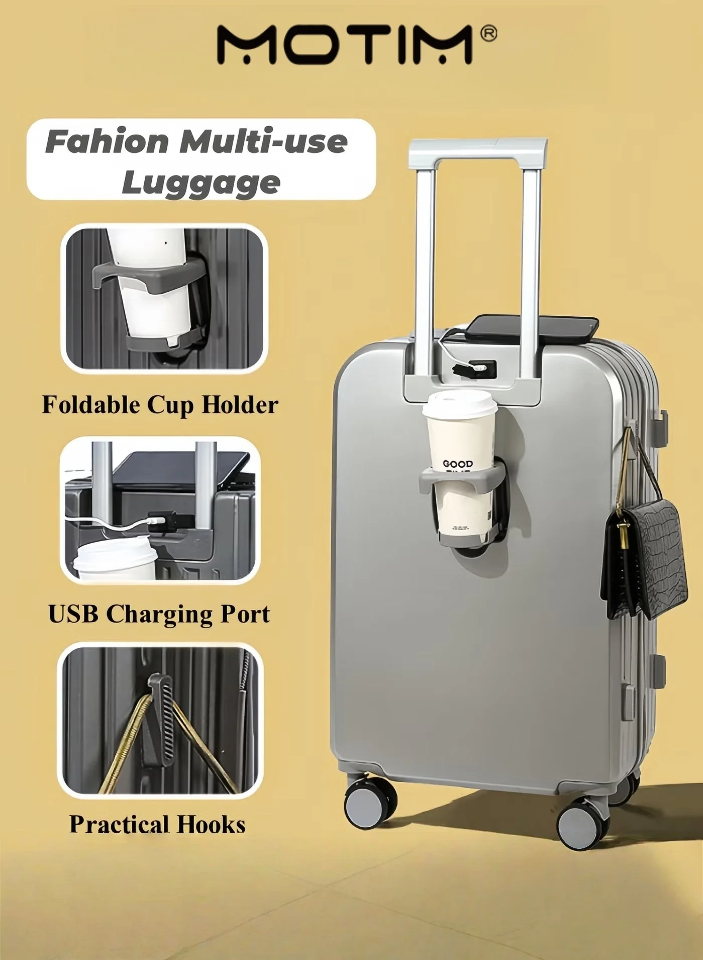 Motim Premium Hard Shell Carry On Suitcase with USB Charging Port & Cup Holder (20 Inch, Silver) qimv8