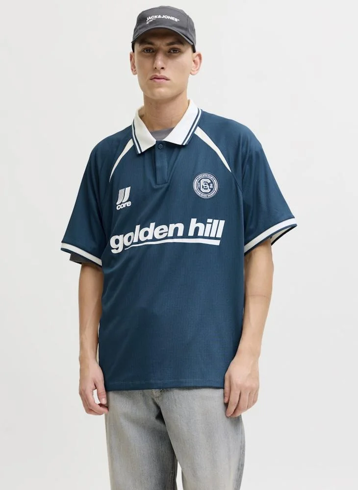 JACK & JONES Premium Football Jersey Polo Shirt Breathable Athletic Casual Wear (Navy Blue, Large) saqdv