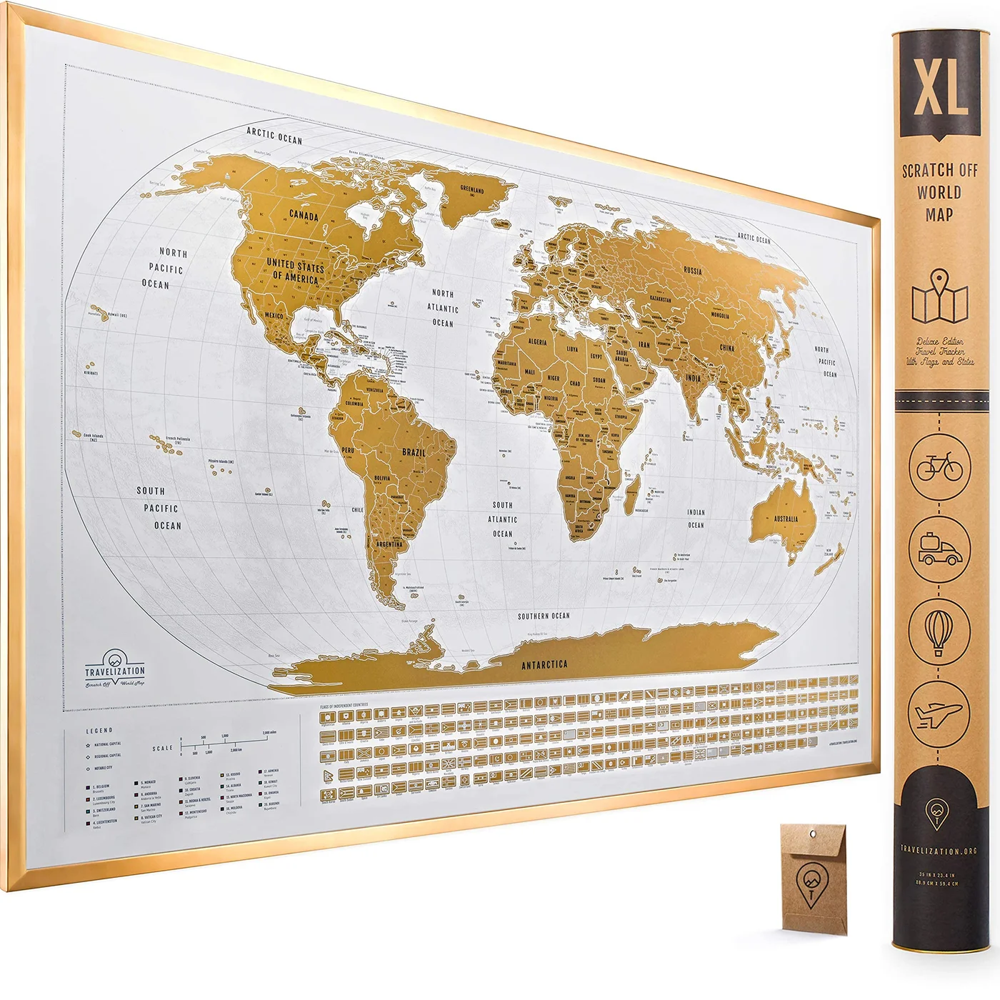 Travelization Scratch Off World Map Poster with 196 Country Flags (Gold, 91cm x 61cm) m1zo7