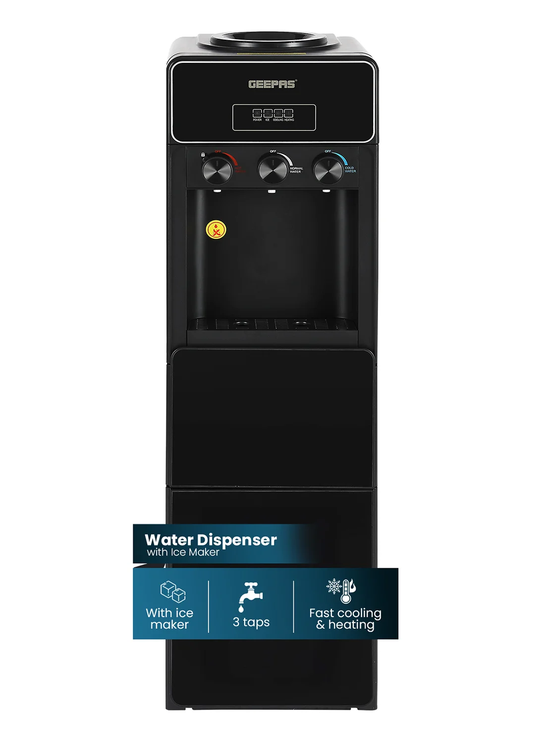 GEEPAS Water Dispenser with Built-in Ice Maker (3 Taps, Hot Cold Normal, 10kg Ice Capacity, Black) yab81