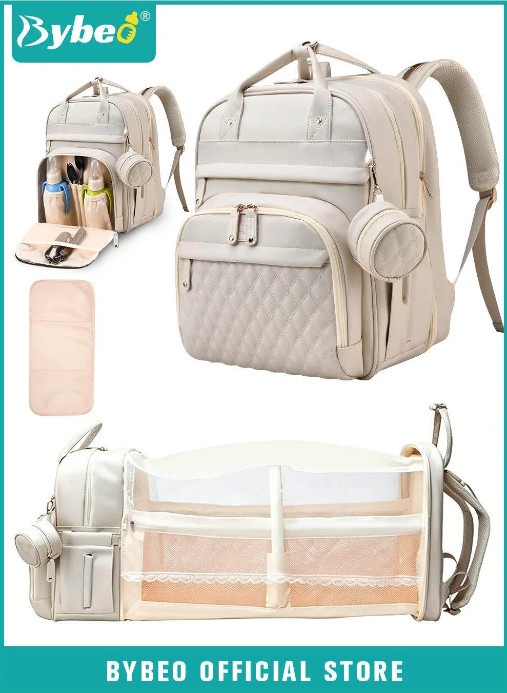 Bybeo PU Baby Diaper Bag Backpack with Integrated Changing Station and Toy Bar (Large Capacity, Unisex) juxzb