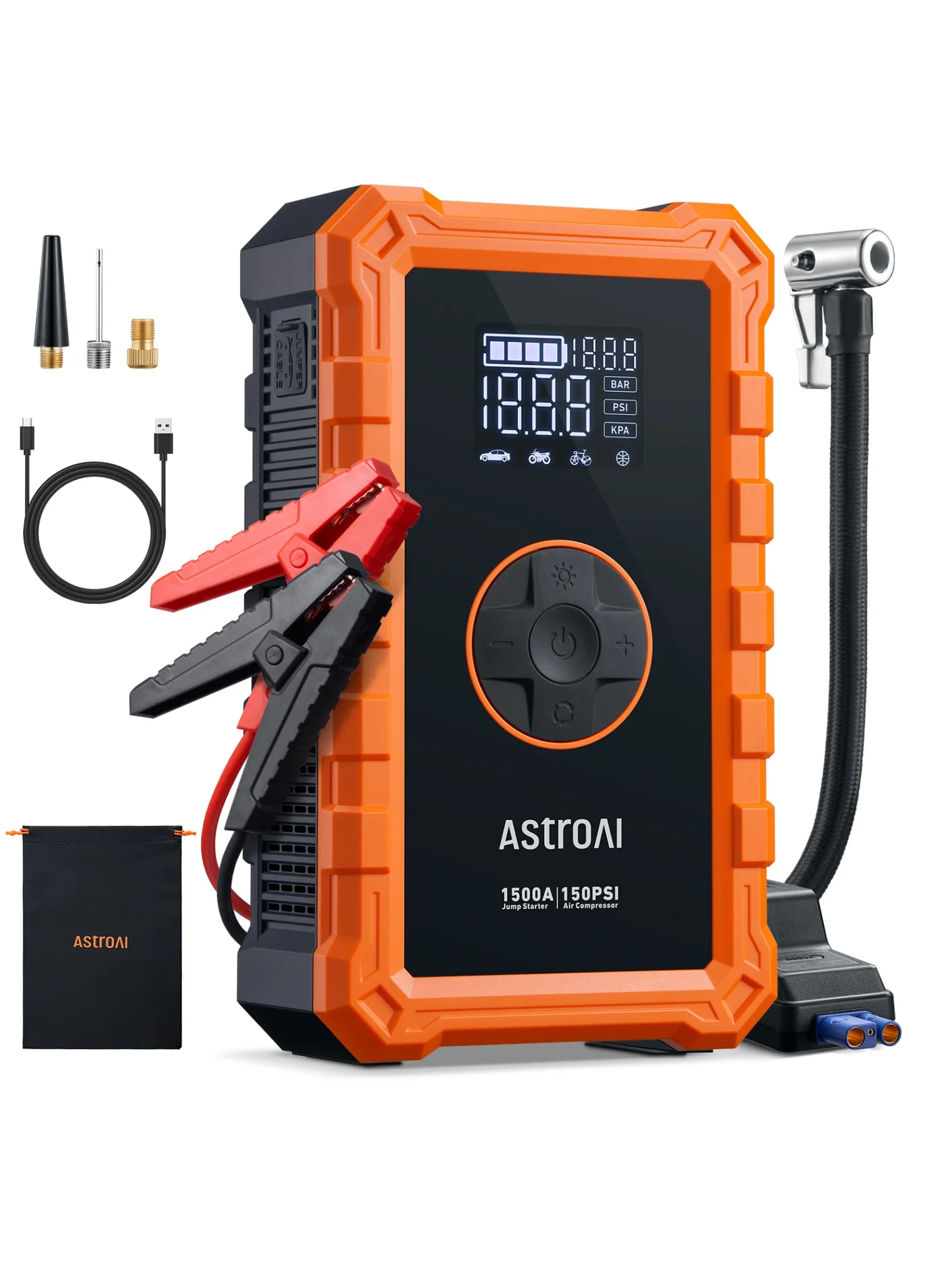 Portable Car Jump Starter with Air Compressor 1500A 12V Battery Booster and 150PSI Tire Inflator (Orange) 4kvig