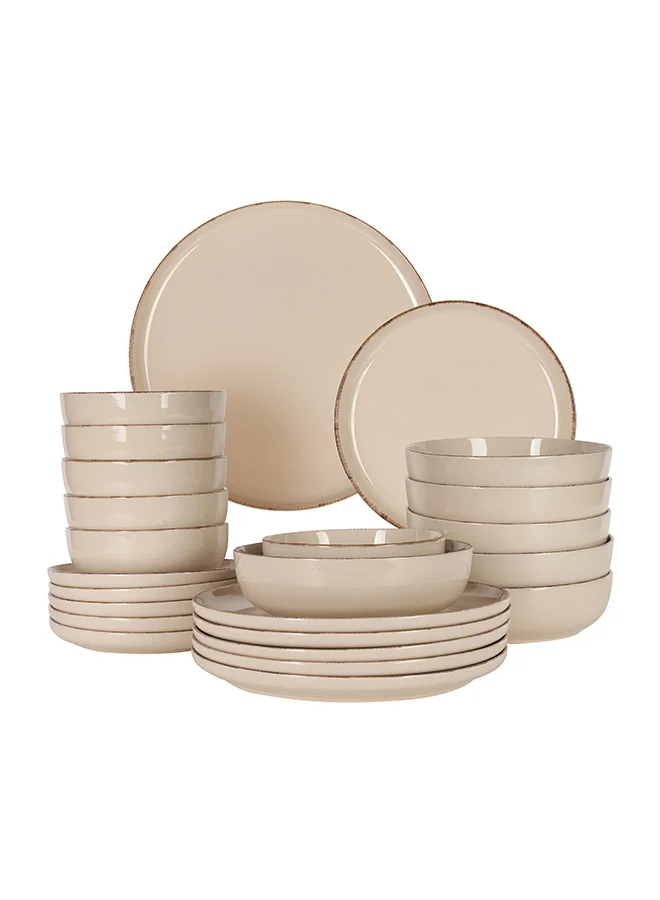 Noon East Stoneware Dinnerware Set, Premium 24-Piece Kitchen Tableware for 6, Microwave and Dishwasher Safe (Beige with Brown Rim) 6u23i