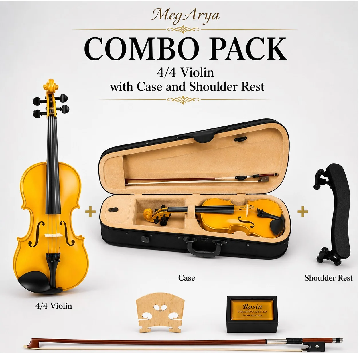 Megarya Handmade Acoustic Violin Kit Full Size 4/4 with Case and Shoulder Rest (Yellow, 4/4) iy3h1