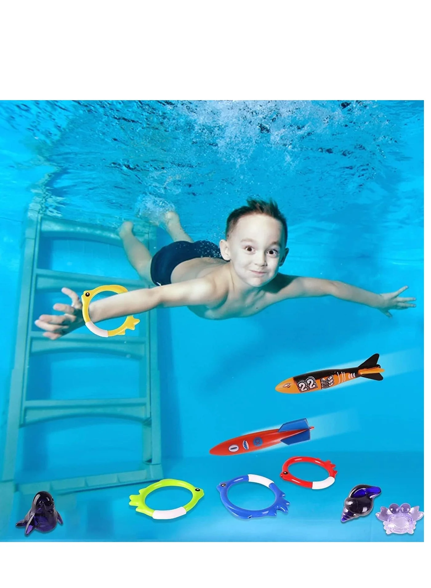 Premium Swimming Dive Sticks and Torpedo Pool Toys for Kids (Multi-Color, 4-Piece Set) j2pkf