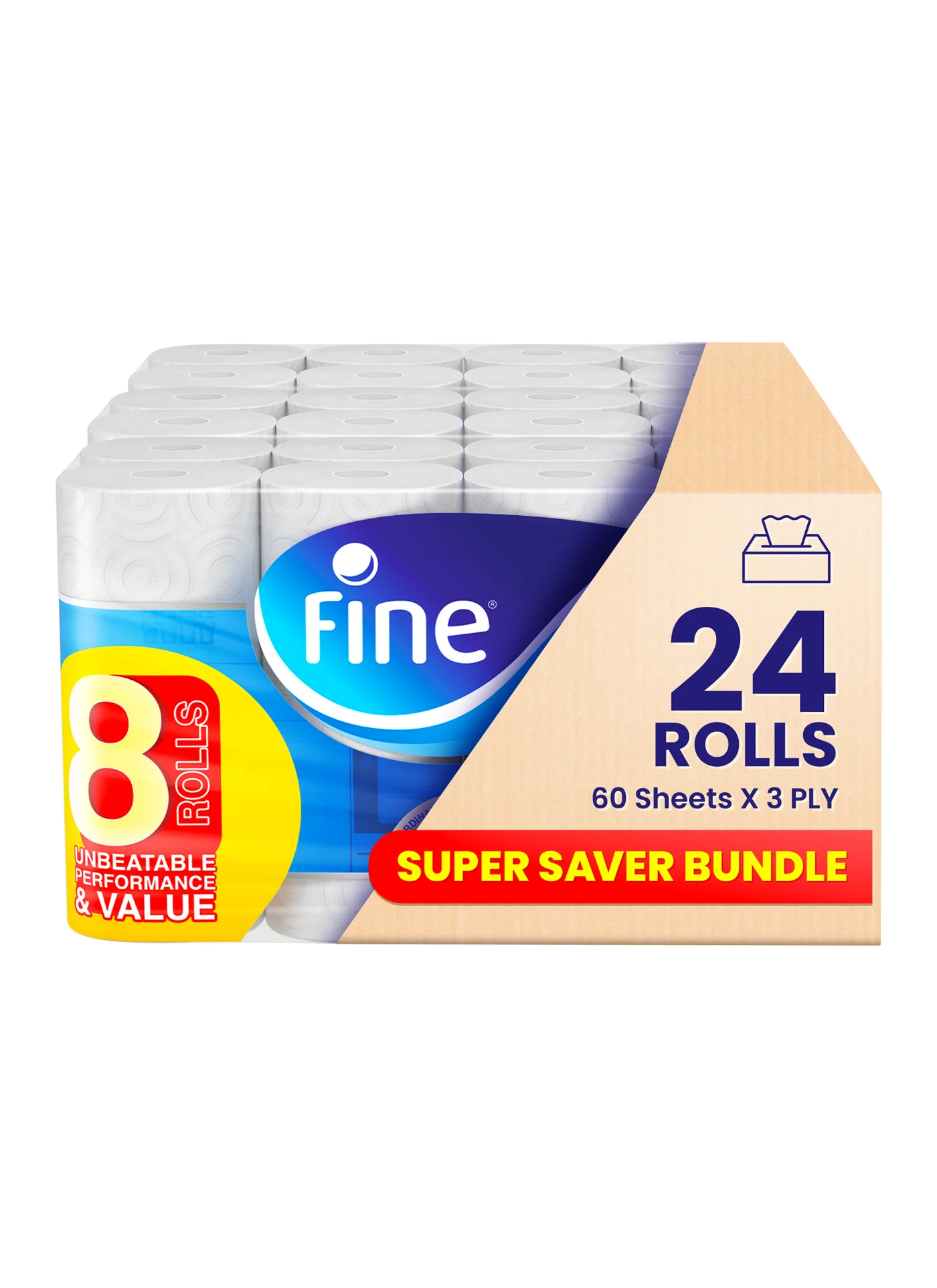 Fine Kitchen Towel Premium 3-Ply Absorbent Paper Rolls (White, 24 Rolls x 60 Sheets) 00y6b