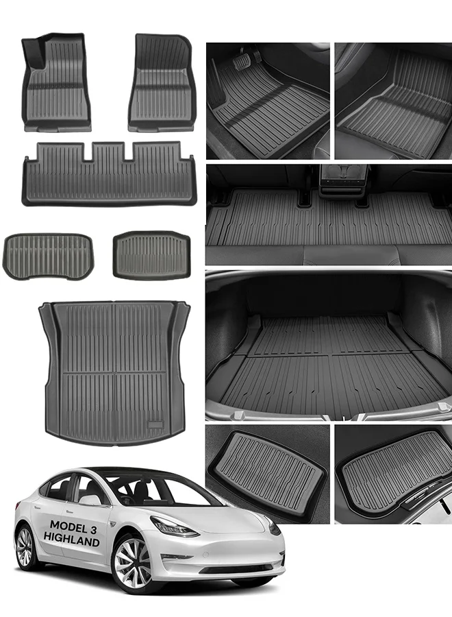 Premium All-Weather Floor Mats Set for Electric Sedan (6 Pieces) Custom Fit Interior Protection (Black, 6-Piece Set) u9j23
