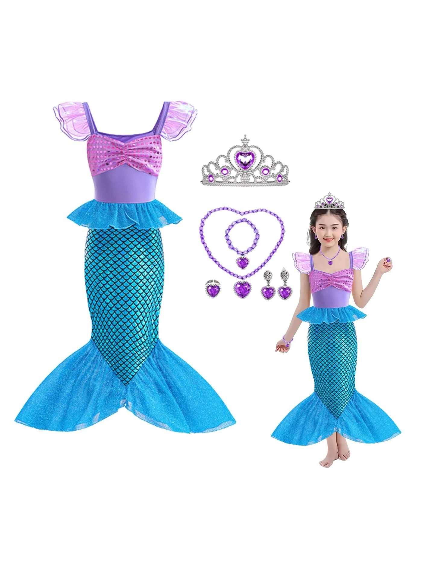Premium Mermaid Princess Costume Dress for Girls Birthday Party Fancy Dress Outfit with Accessories (Blue) bwtac