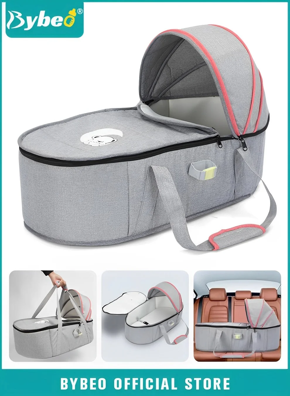 Bybeo Portable Baby Travel Bassinet with Canopy, Foldable Infant Sleep Dome for Newborns, Lightweight Carry Cot for Travel and Home (Grey, 80x45cm) r1l23