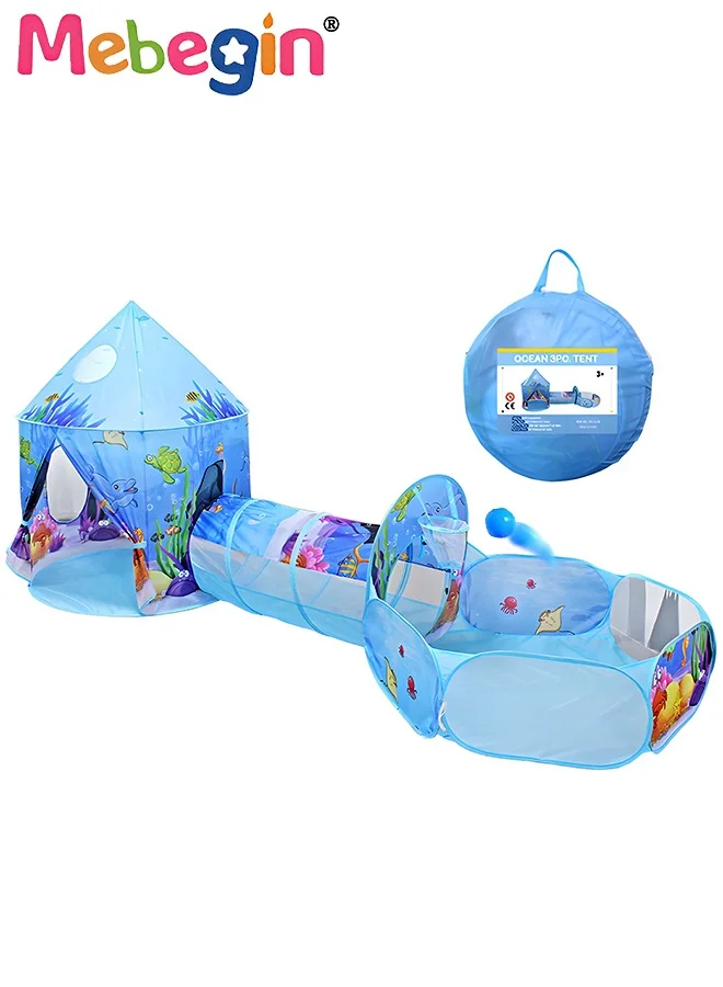 MEBEGIN 3-Piece Kids Play Tent Set with Ball Pit Basketball Hoop and Crawl Tunnel (Blue, 3-Piece Set) vhp3d