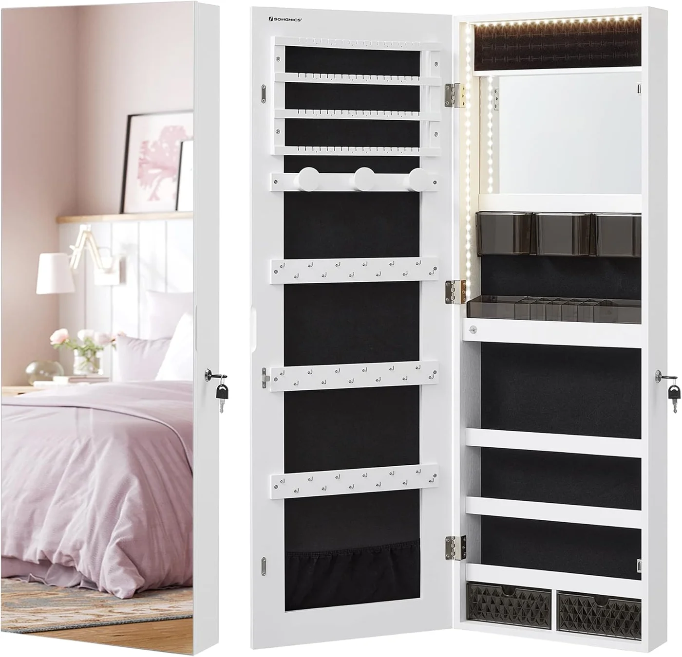 Premium Jewelry Cabinet Armoire with Full-Length Frameless Lighted Mirror and Storage Drawers (White) j1nj5