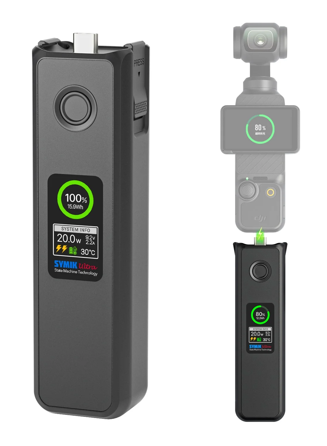 SYMIK Extended Battery Grip for Handheld Gimbal Camera 5000mAh 20W Fast Charging with LCD Smart Meter (Black, 5000mAh) num8x