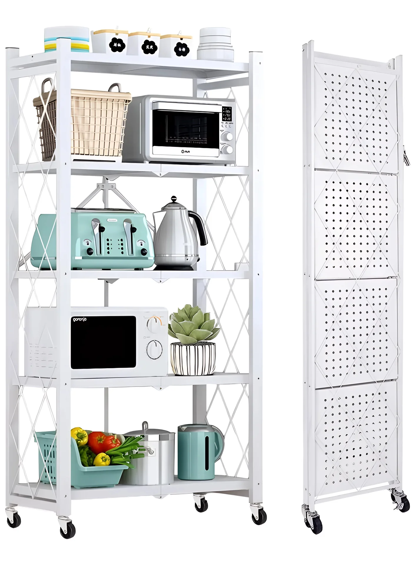 Toshionics 5-Tier Foldable Storage Rack Heavy Duty Metal Shelving Unit with Wheels for Kitchen Garage Office (White, Large) tlrs7