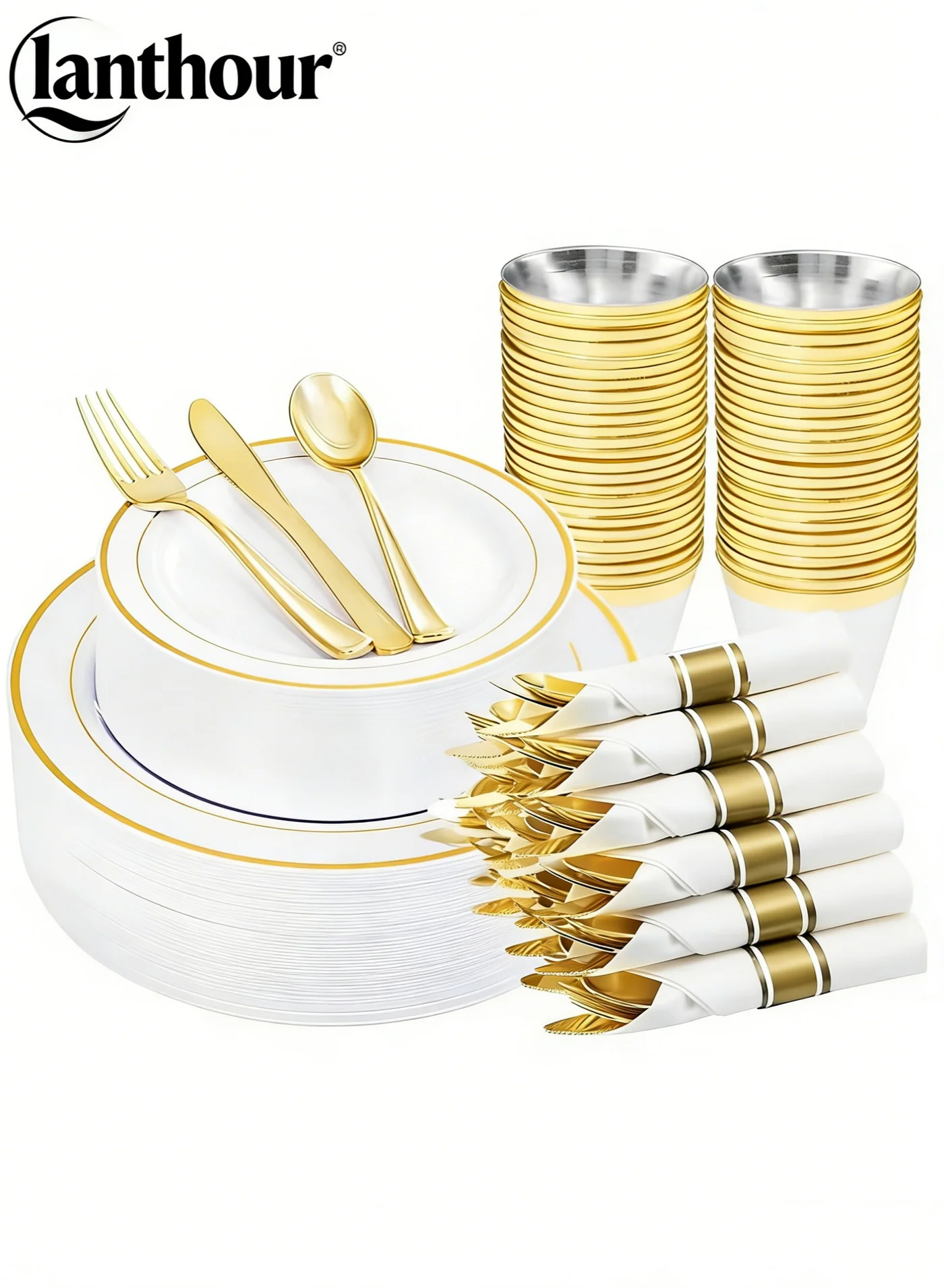 Lanthour 175 Piece Gold Glitter Plastic Dinnerware Set Premium Disposable Party Plates and Cutlery for 25 Guests uwgby