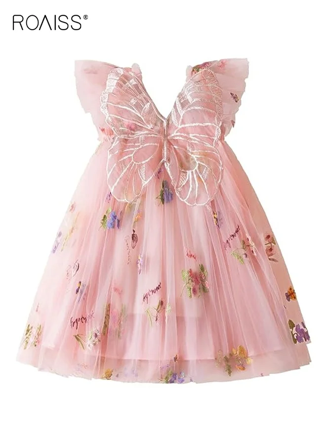 Roaiss Girls Butterfly Wing Embroidered A-Line Dress Retro Floral Sundress for Formal Occasions and Daily Wear (Multi-Color, 120cm) mby5e