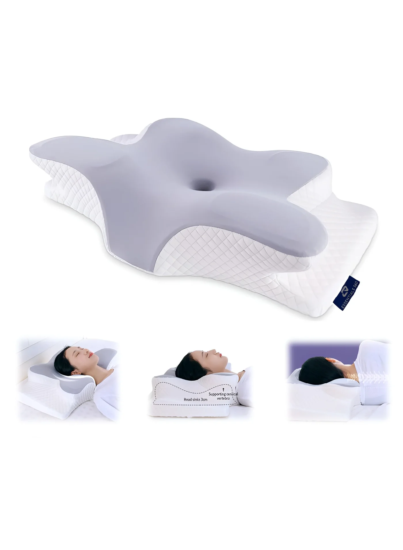 ESSENTIALS 360 Ergonomic Memory Foam Cervical Pillow Butterfly Shape Orthopedic Support for Neck and Shoulder Comfort (White, 60x40x12 cm) rdpry