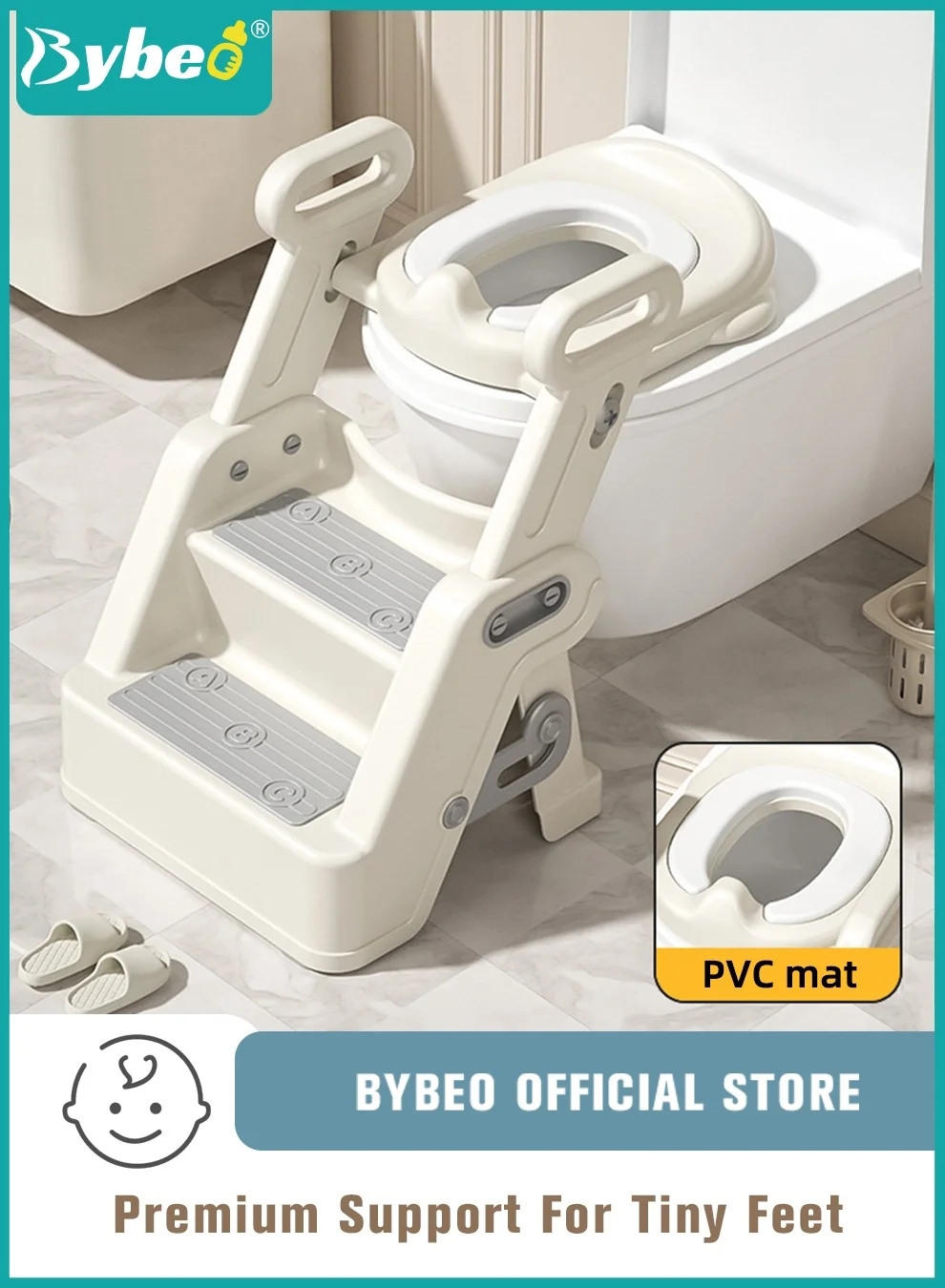 Bybeo 2-In-1 Kids Potty Training Seat with Ladder, Adjustable Foldable Toilet Trainer for Toddlers (Non-Slip, 60 cm Height) w6kif