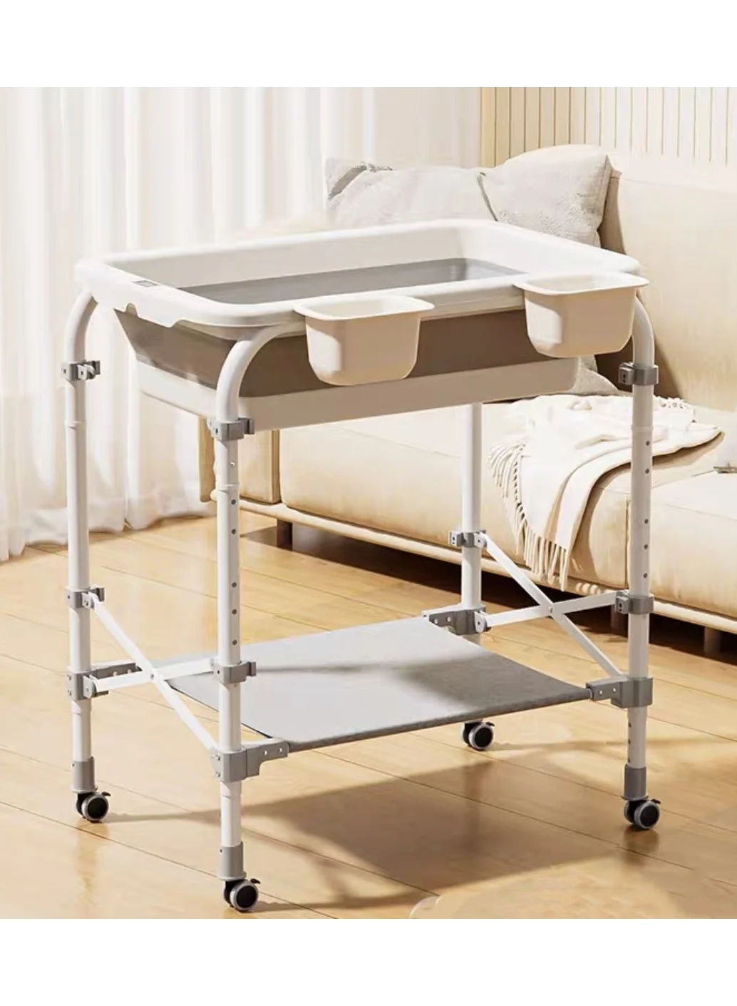 XiuWoo Foldable Baby Bathtub with Stand and Wheels (Portable Newborn Infant Basin, Heightened PP Material, Storage Baskets, For Indoor Outdoor Use) z8iew