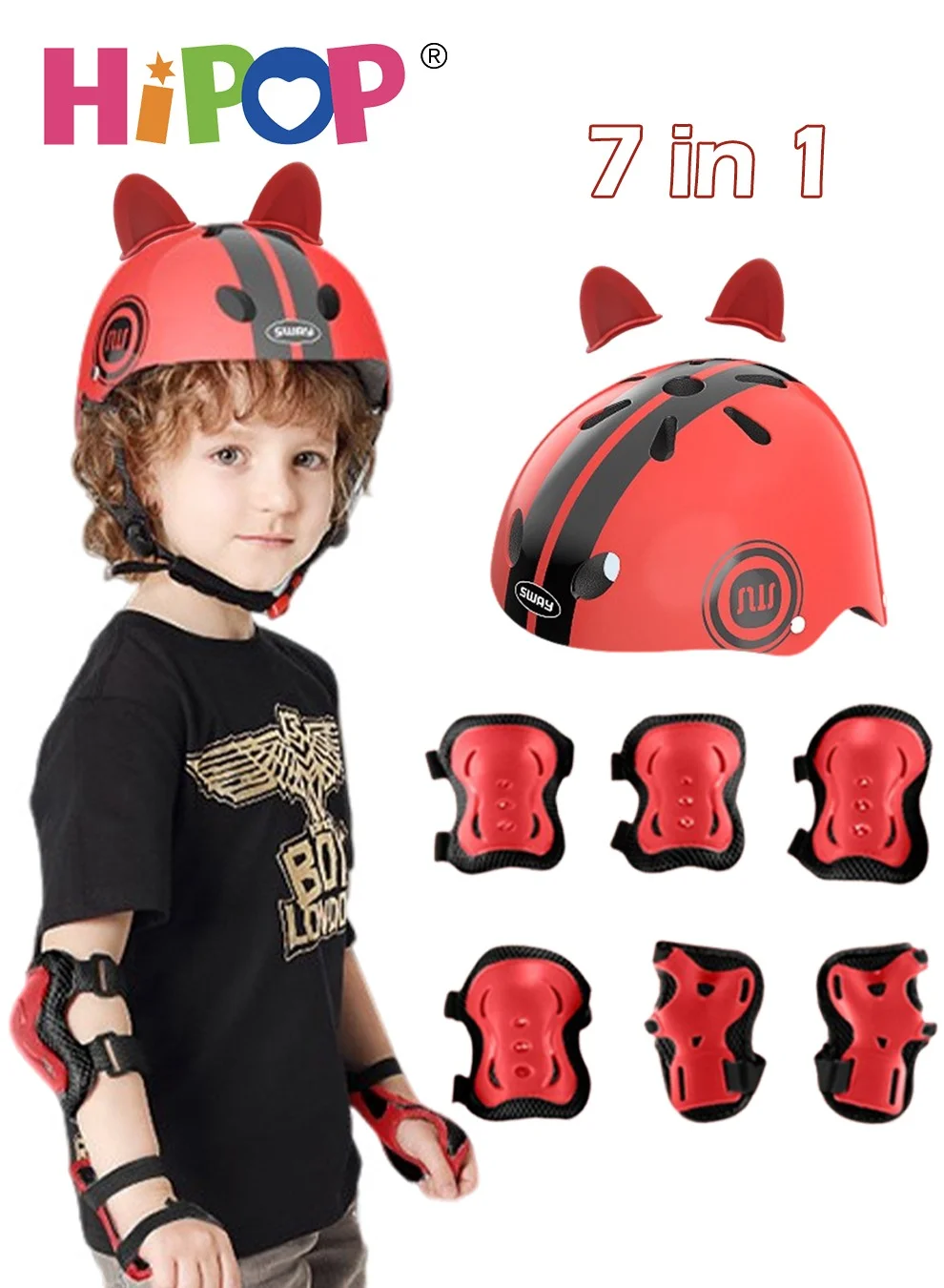 HIPOP Kids Protective Helmet Set with Cat Ear Decoration Adjustable Safety Gear for Cycling Skateboarding and Scootering (6-14 Years) gc897