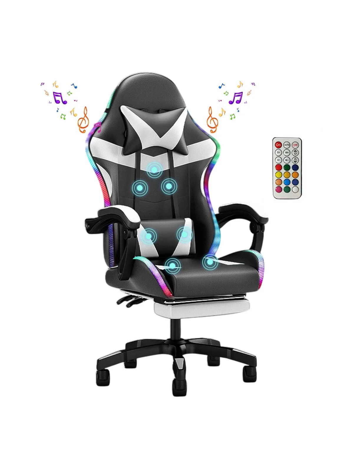 Huitich Ergonomic Gaming Chair with Footrest, 7-Point Massage, and LED Lights (Black and White, 125 cm) 19p4i