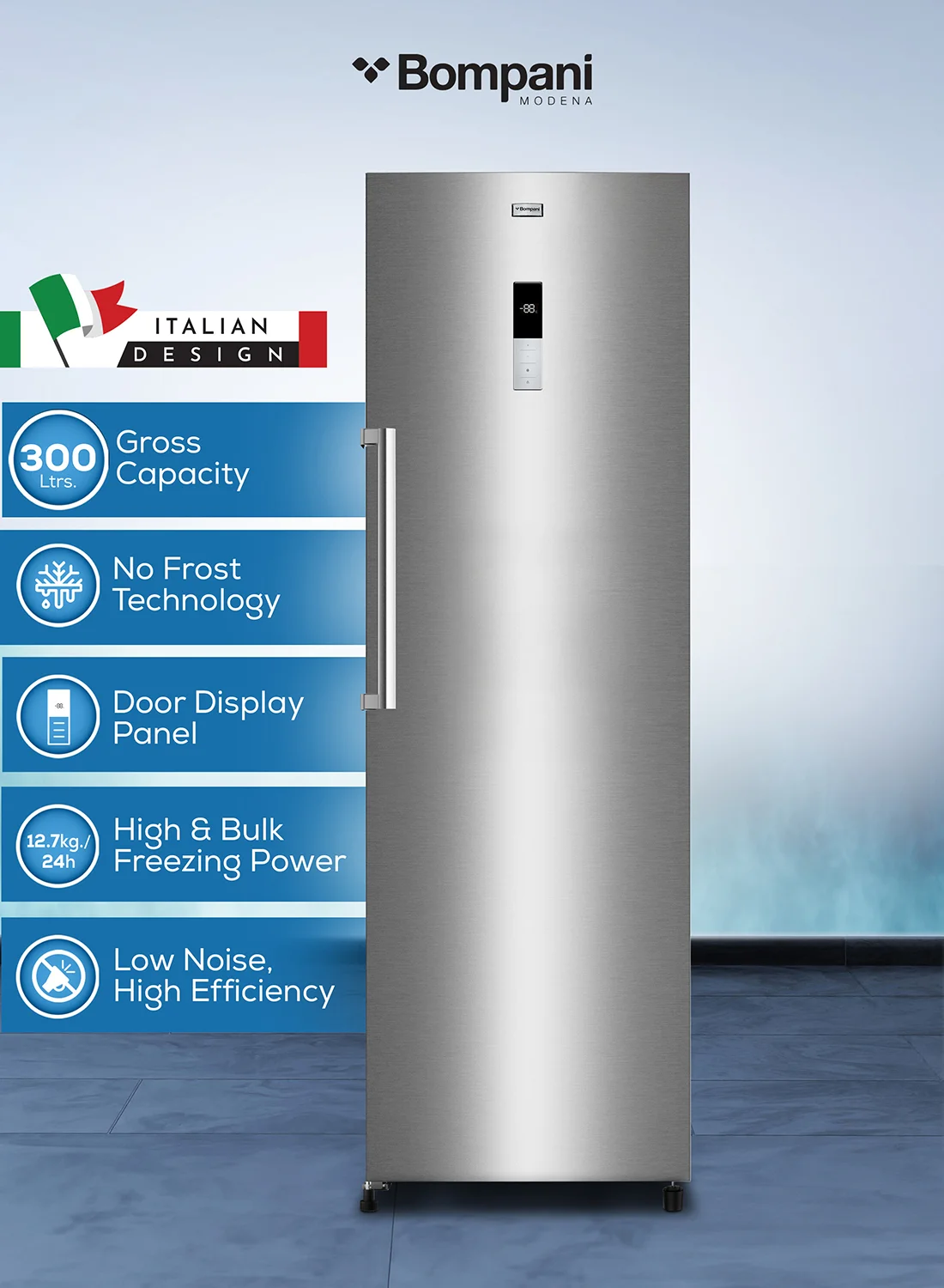 Bompani Upright Freezer with Electronic Temperature Control and Reversible Door (Inox, 300L) e8mmn