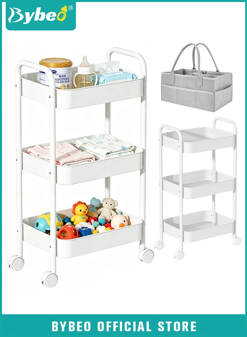 Bybeo 2-in-1 Nursery Organizer & Mobile Utility Cart, 3-Tier Rolling Storage Trolley with Detachable Diaper Caddy for Baby Essentials (White, 80 cm x 40 cm x 30 cm) ozswn