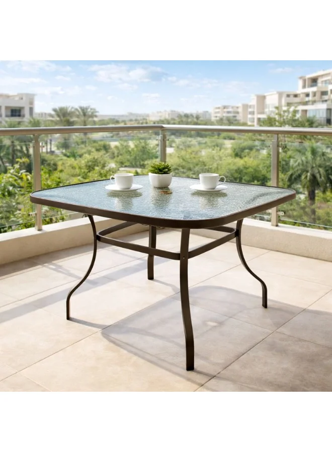 Harmony Home Square Patio Table with Tempered Glass Top, Weather-Resistant Metal Frame for Outdoor Garden and Balcony (Brown) ssq2f