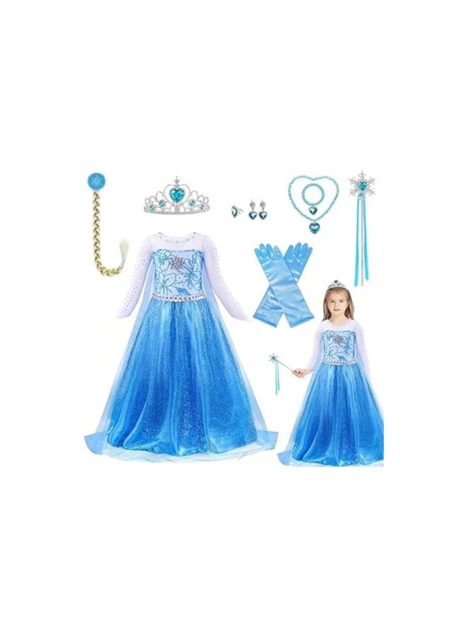 Snow Queen Costume Set with Accessories for Girls Premium Dress Up Outfit for Parties and Special Occasions (120 cm) mcxk9