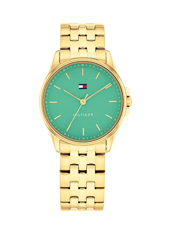 Premium Round Analog Quartz Watch with Green Case and Stainless Steel Band for Women wpn3t