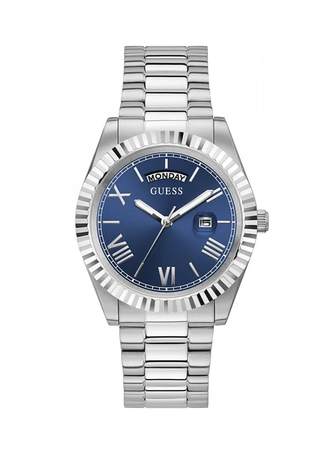 Premium Silver Tone Analog Wristwatch with Blue Dial and Day Date Display for Men (One Size) ct9p1