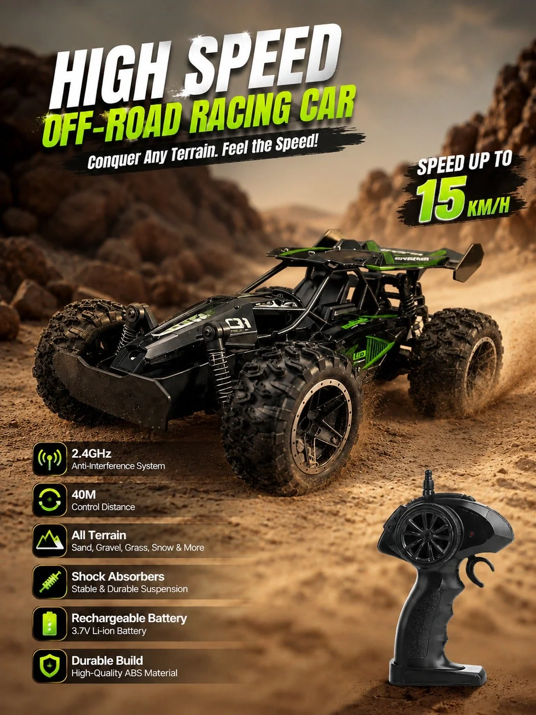 O2. High-Speed Remote Control Off-Road RC Racing Buggy with Metal Shock Absorbers (Black, 15 km/h) w6vvp