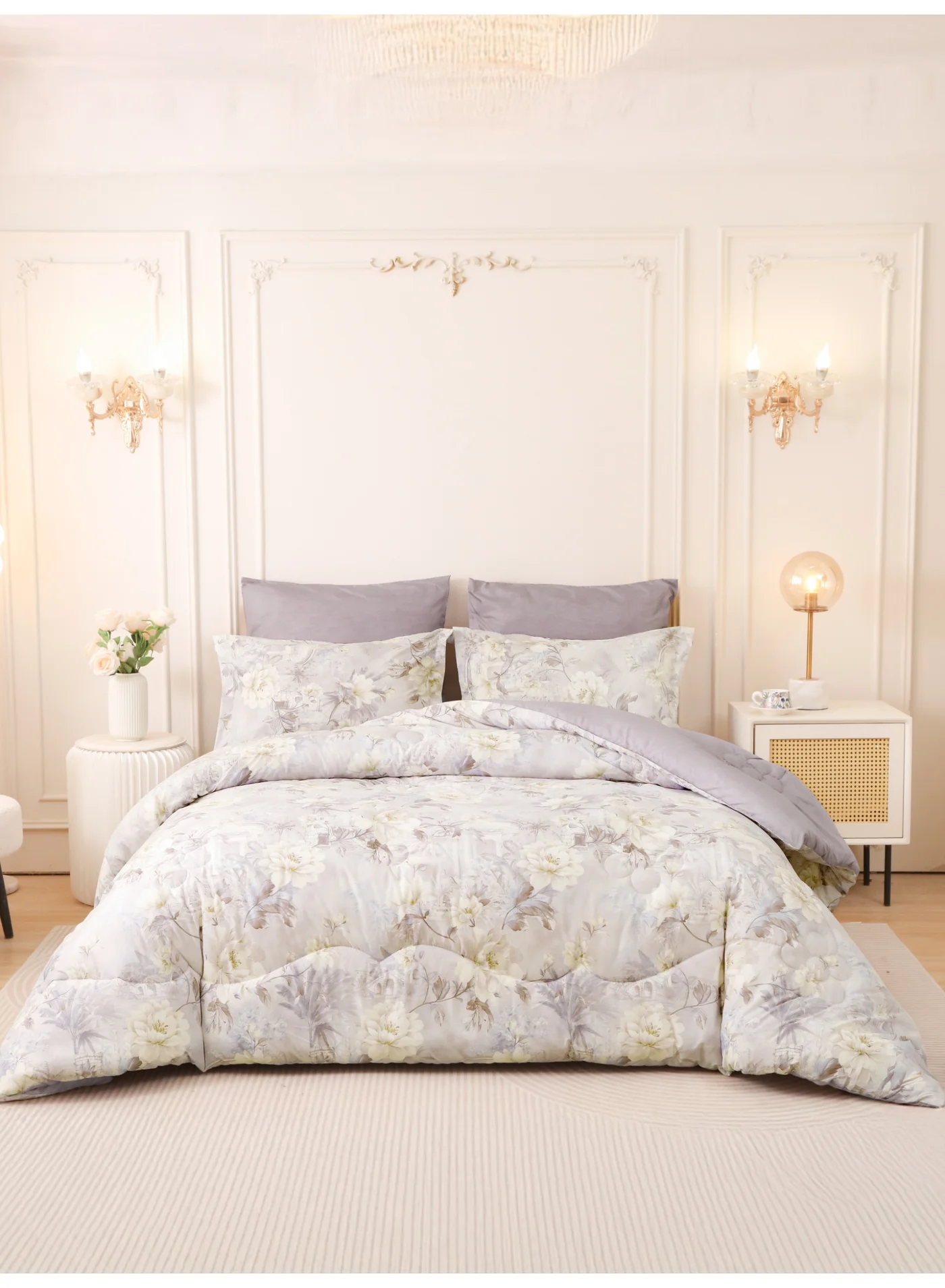 Donetella 6-Piece Printed King Comforter Set (200x200 cm) Soft Brushed Microfiber Bedding with Reversible Floral Design n2jib