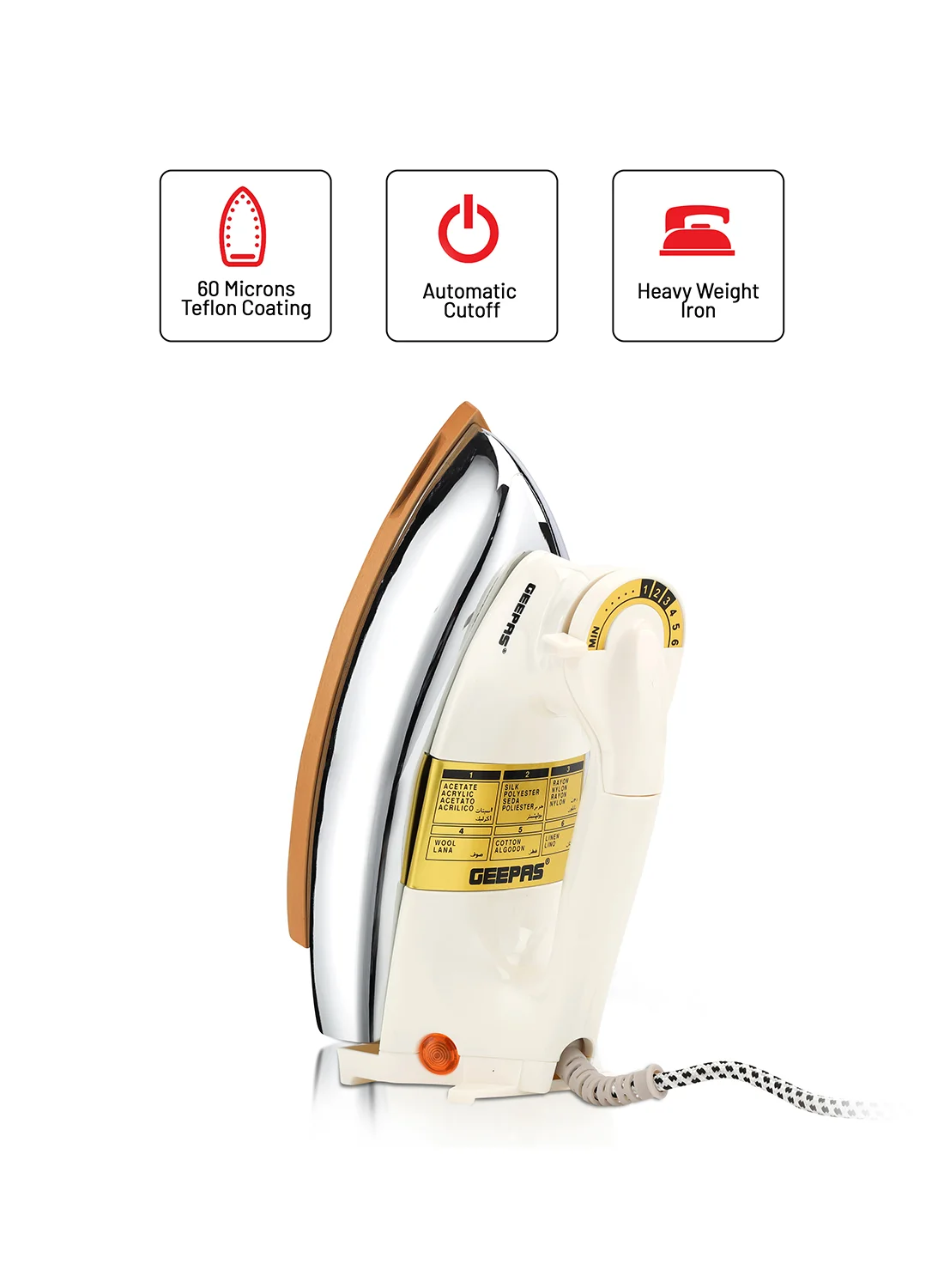 Geepas Heavy Weight Dry Iron with Golden Ceramic Soleplate (1200 W, 2.15 kg, White/Gold) b4vc8