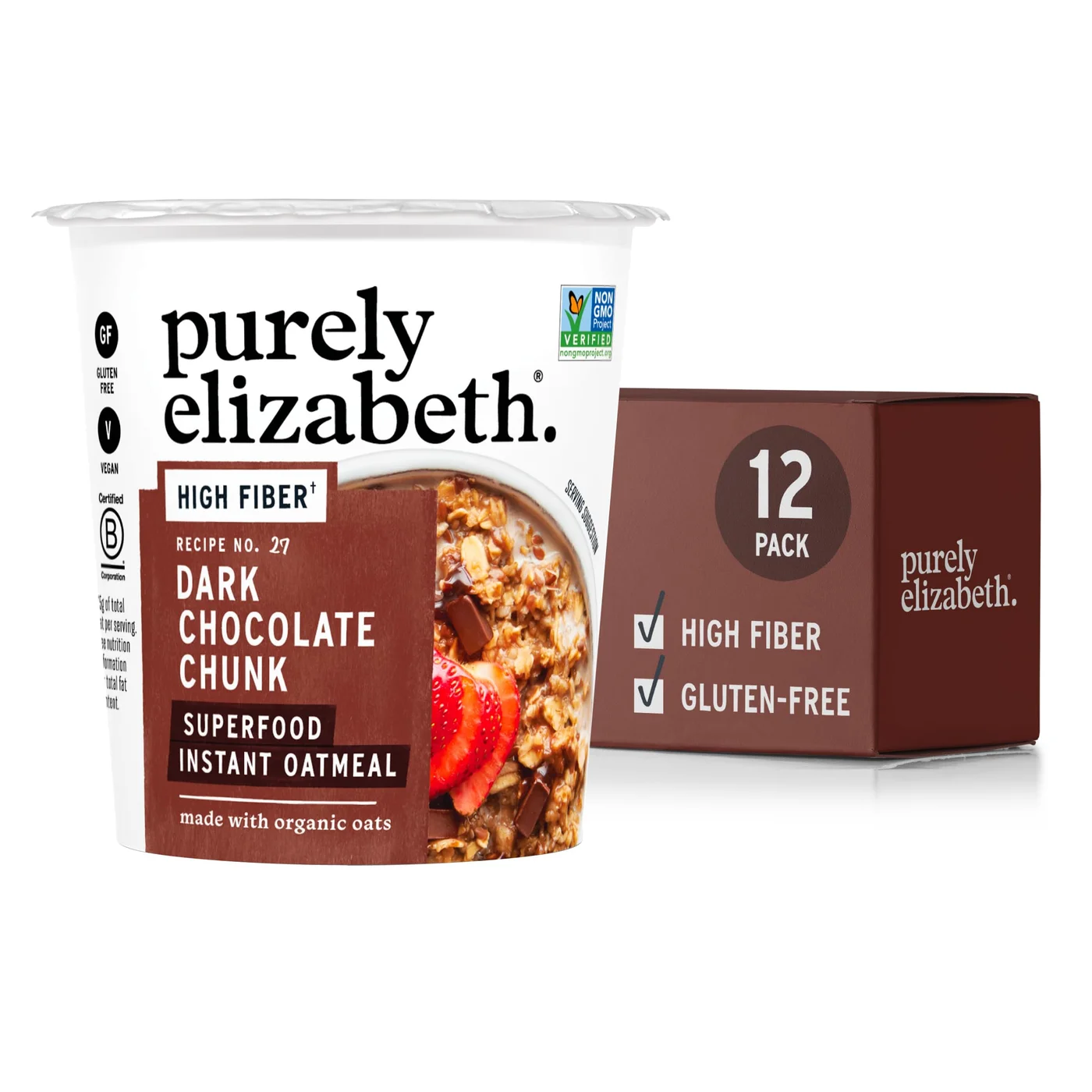 Purely Elizabeth Superfood Oatmeal Cup with Dark Chocolate Chunk Prebiotic Fiber (12 Pack, 50 g per cup) ma7de