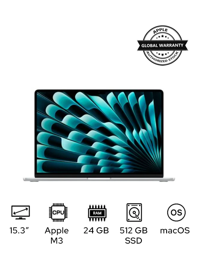 Premium Smart Laptop 15.3 Inch Display High-Performance M3 Chip 24GB RAM 512GB SSD macOS English and Arabic Keyboard (Silver) n1gcb